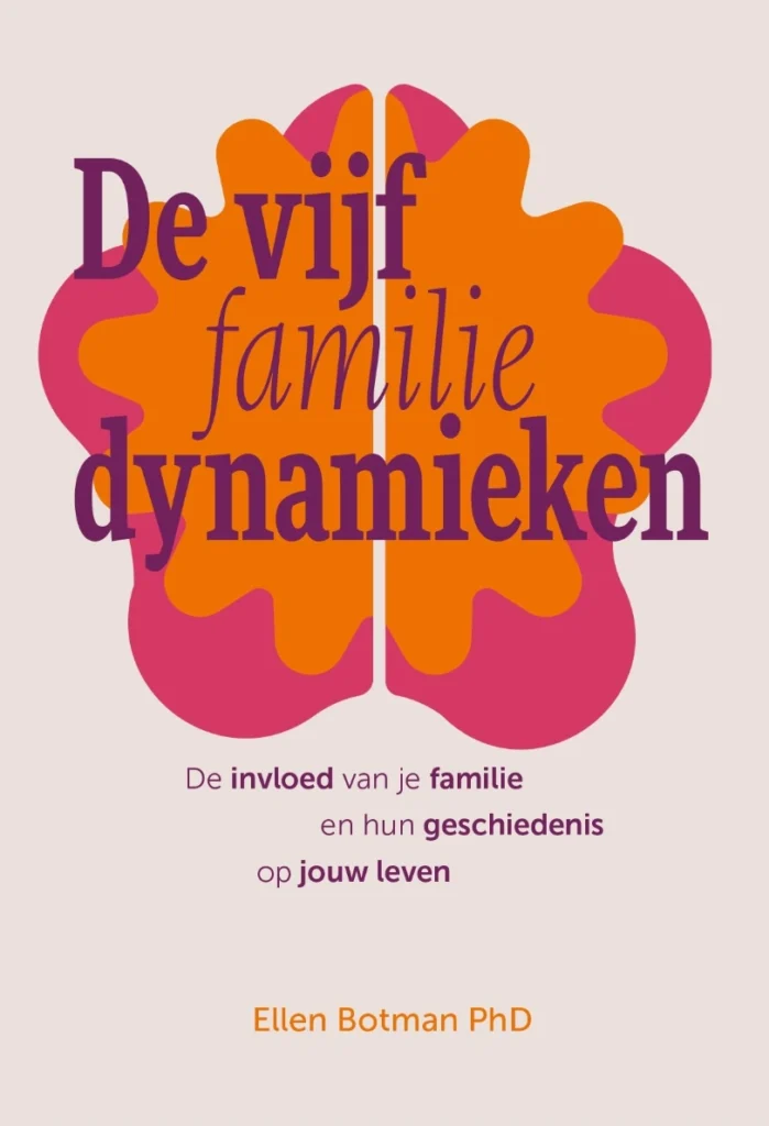 Boekcover van "De vijf familiedynamieken" van Ellen Botman PhD met een gestileerde hersenvorm in oranje en roze.